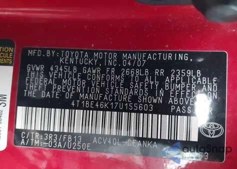 2007 Toyota Camry Le z USA, uszkodzony, nr VIN 4T1BE46K17U155603